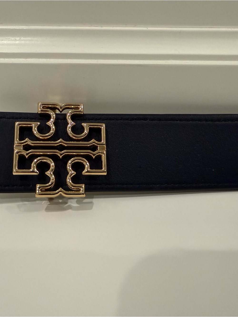 Tory Burch Black Leather Belt with Gold Logo Accent